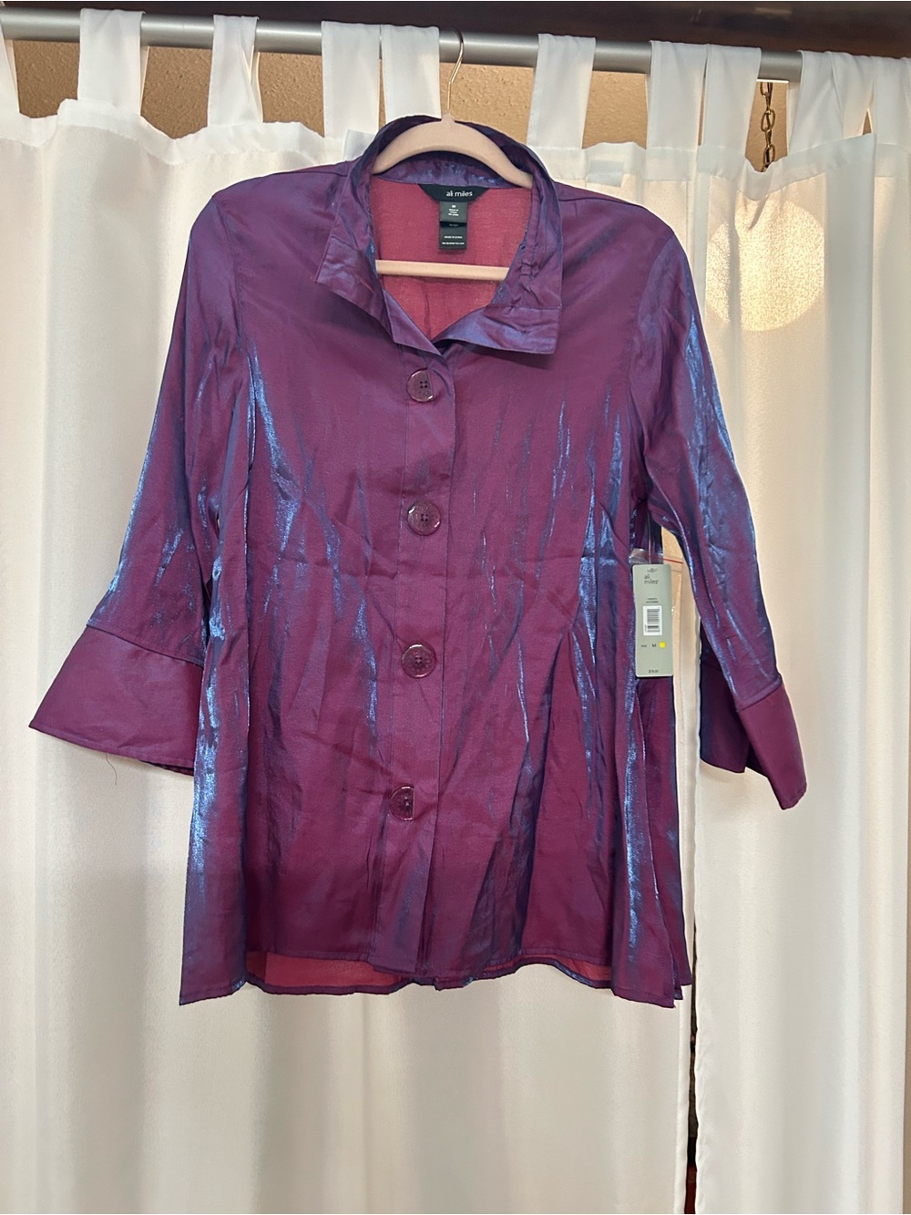 Ali Miles Iridescent Plum Button-Front Blouse